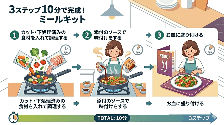 3ステップ10分で完成するらくうまミールキットの図解